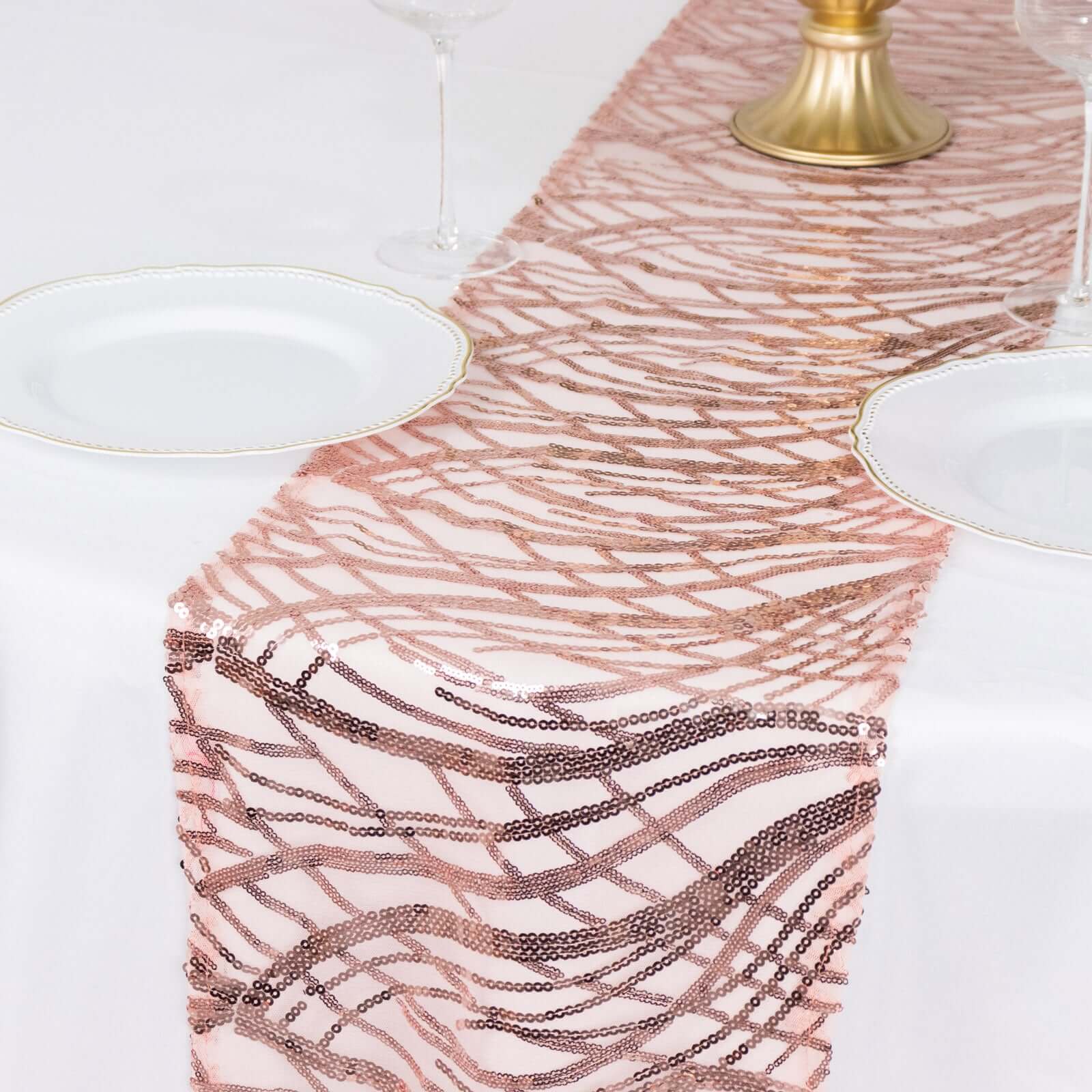 Sequin Mesh 12"x108" Table Runner Blush Stylish Wave Embroidery