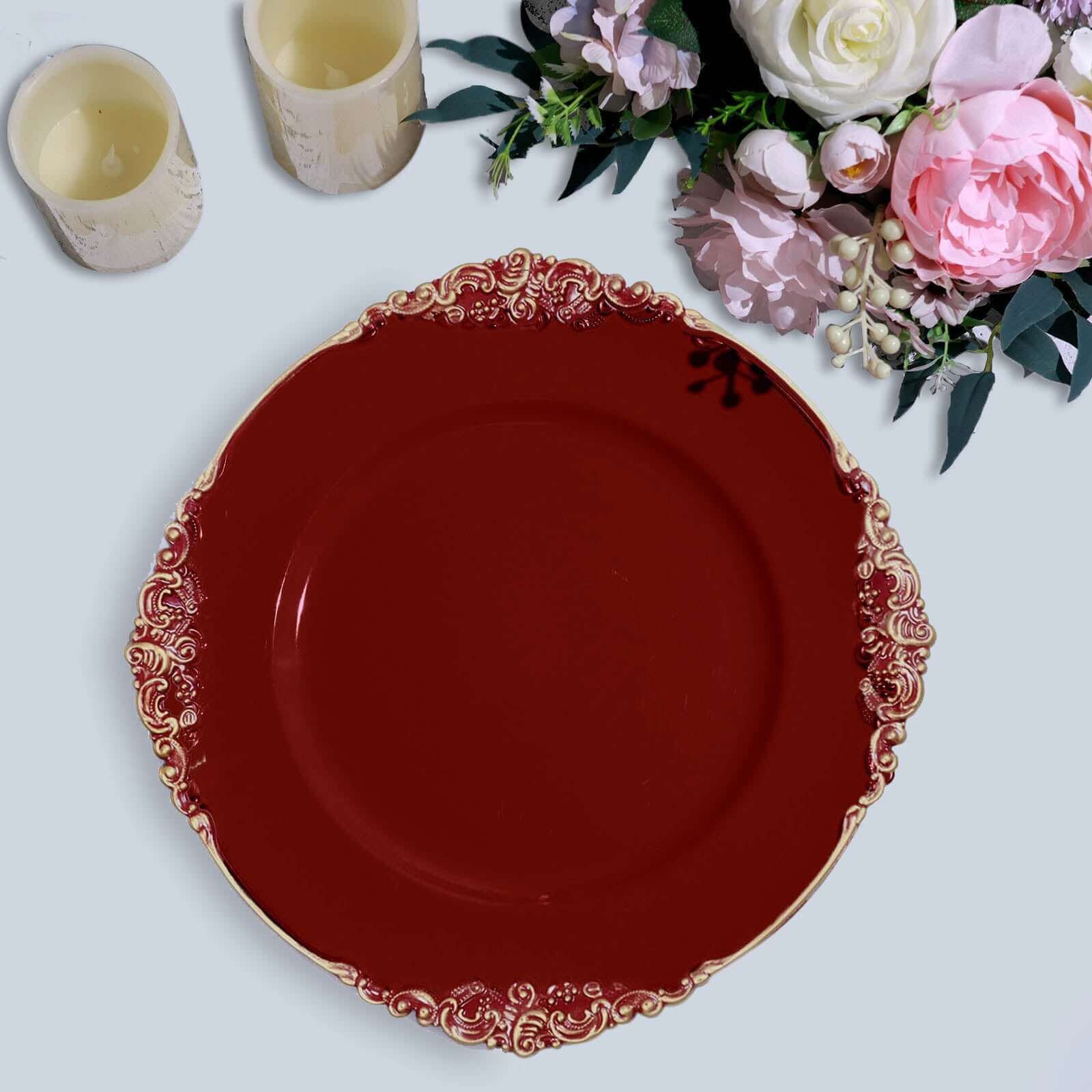 6-Pack Acrylic Round Charger Plates 13" in Burgundy with Gold Embossed Baroque Rim, Antique Decorative Dinner Party Charger Tableware