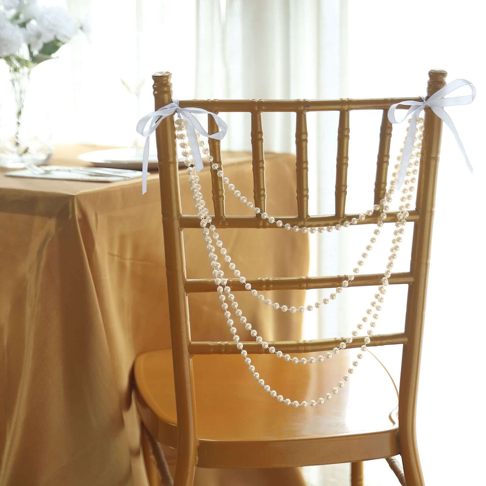 Faux Pearl Beaded 16" Chair Back Garland Sash Ivory Gatsby-Inspired Style - Pre-Tied Chic Wedding Decor for Chiavari Chairs