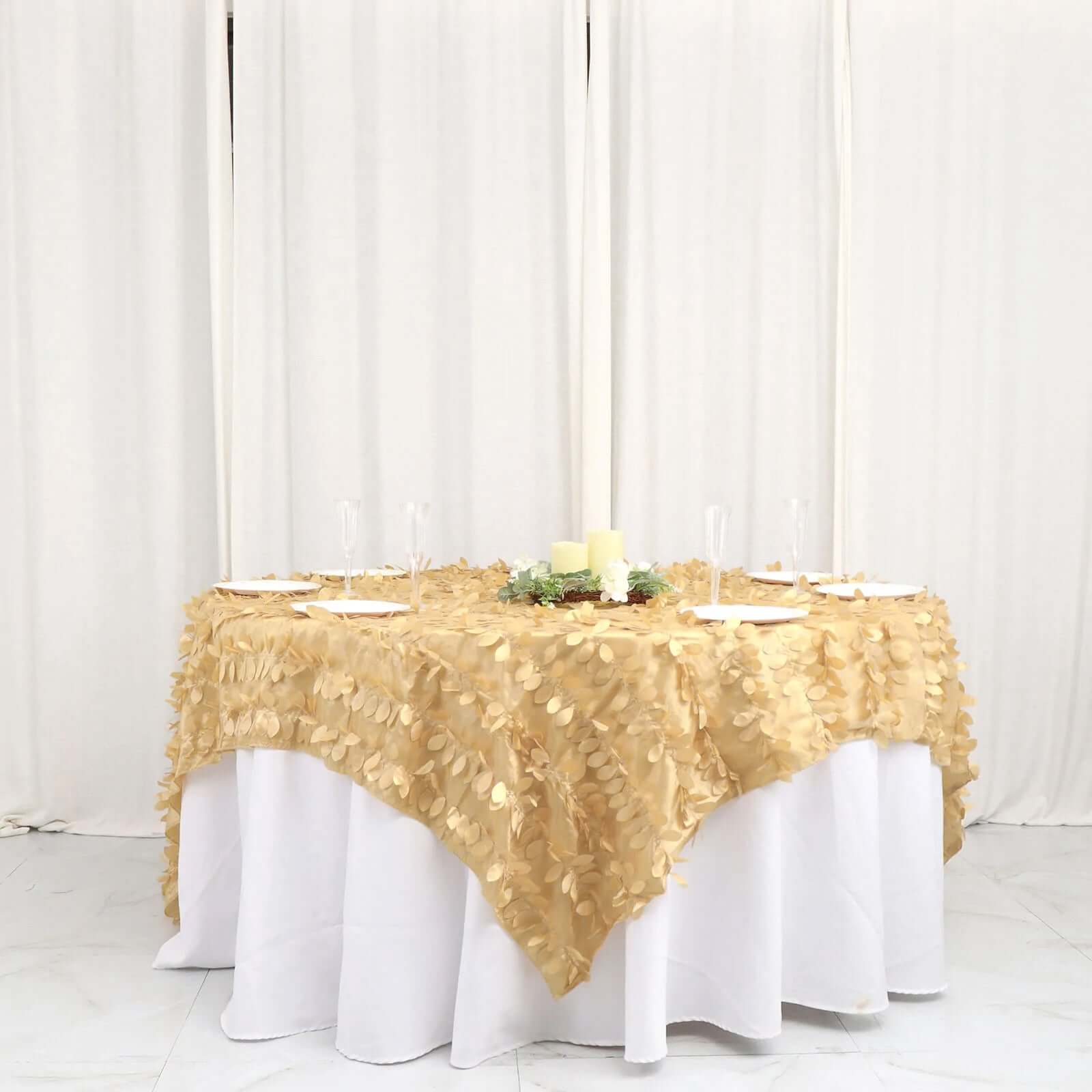 Taffeta 90"x90" Table Overlay Square Tablecloth Champagne - Leaf Petal Design for Stylish Celebrations