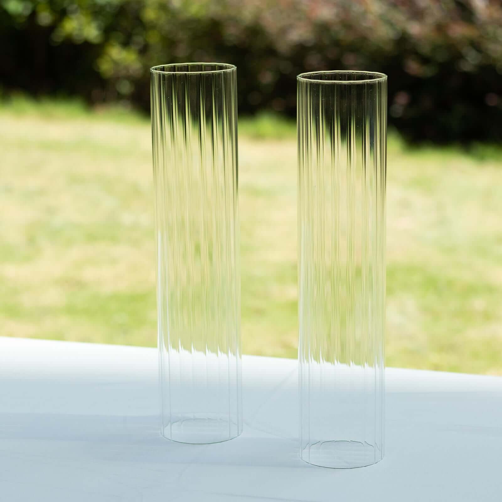 2-Pack Clear Ribbed Glass Hurricane Shades Open End Design - Stylish Candelabra Pillar Candle Holder Table Centerpiece 14"