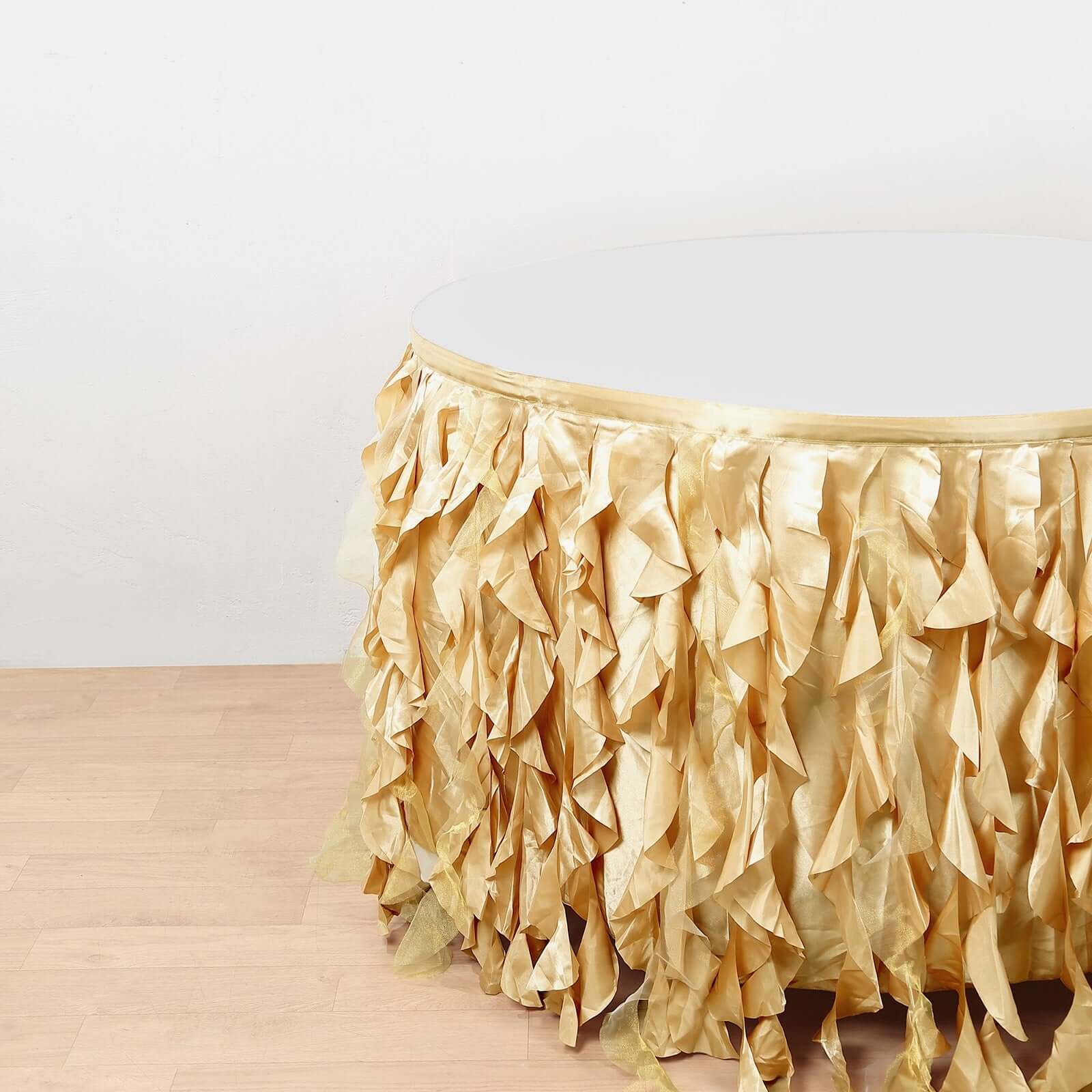 Taffeta 14ft Table Skirt Champagne - Cascading Curly Willow Style Table Cover