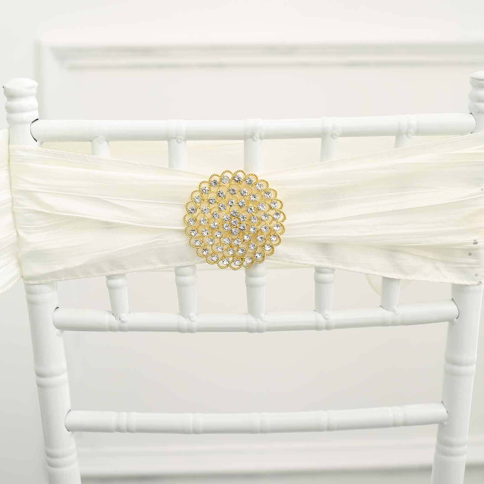 Rhinestone Metal Flower Chair Sash Band Buckle Gold - Glittering Diamond Accent for Weddings & Celebrations 3"