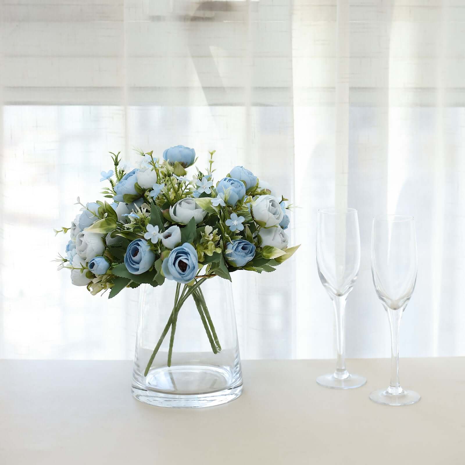 4 Pack 12" Artificial Dusty Blue Ranunculus Silk Flower Bridal Bouquets, Faux Buttercup Floral Arrangement