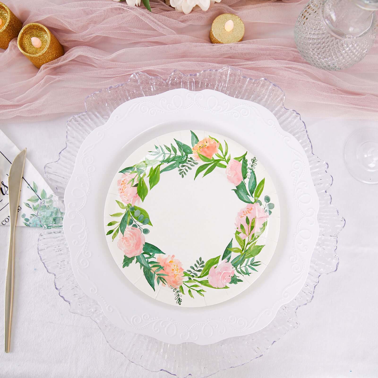 25-Pack Paper 7" Round Dessert Plates in White with Rose/Peony Flower Wreath - Disposable Appetizer Salad Plates for Special Occasions & Gatherings