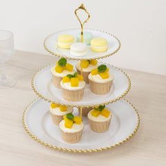 14" White 3-Tier Plastic Dessert Display Stand With Gold Beaded Rim, Round Cupcake Tower Tea Party Serving Platter With Top Handle