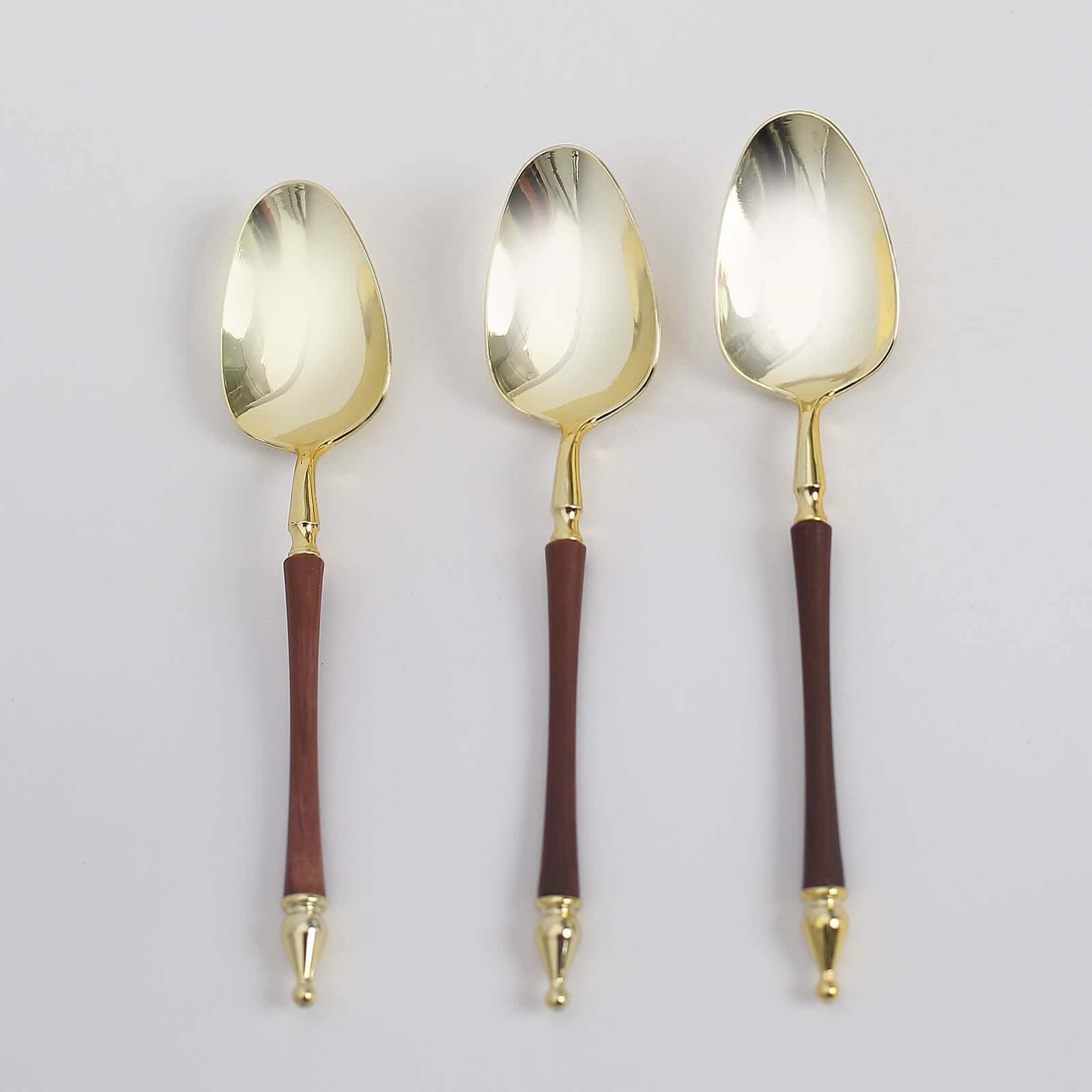 24-Pack Plastic Dessert Spoons with Roman Column Handle Gold/Brown - European Style Disposable Utensils 6"