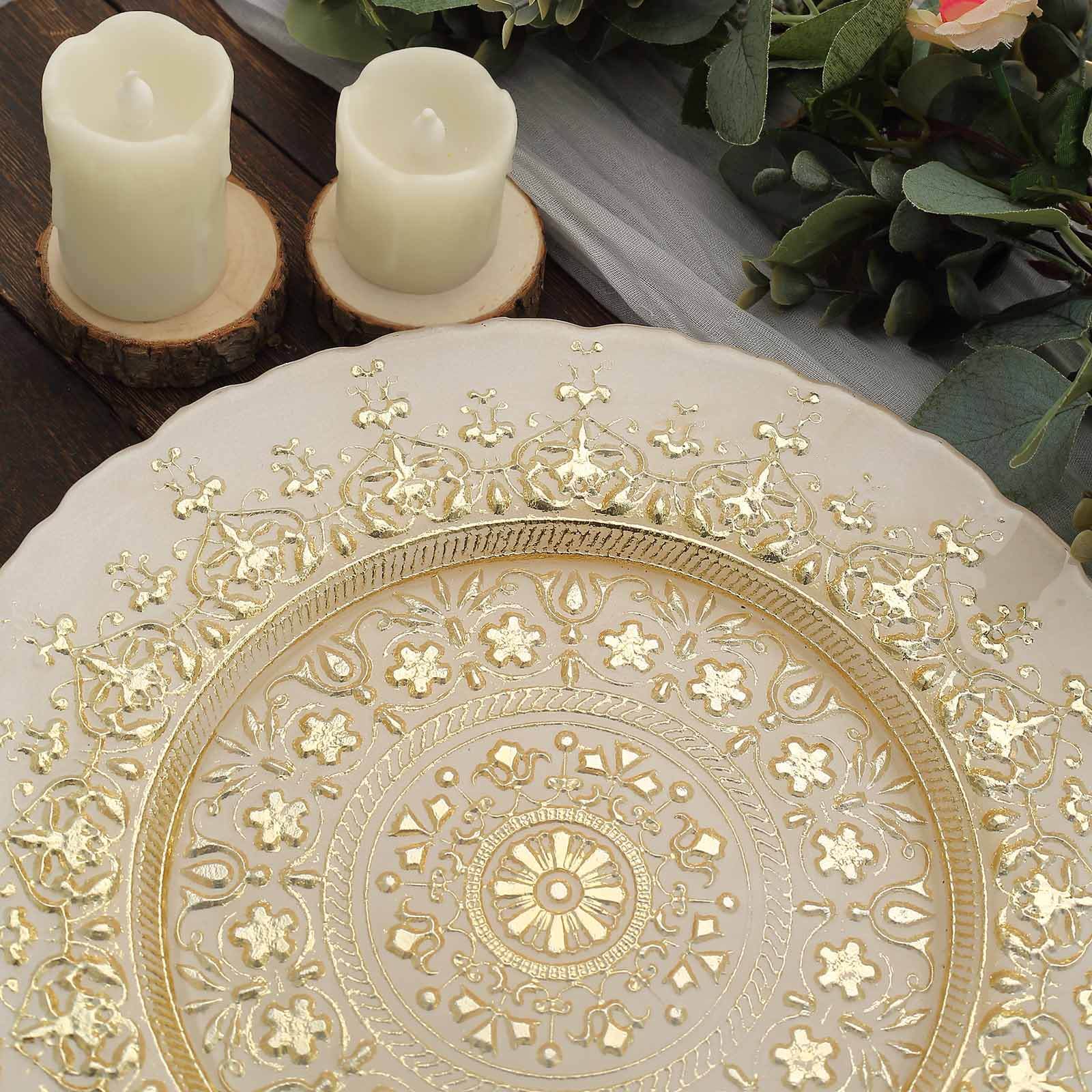 8-Pack Glass Round Charger Plates 13" in Gold with Monaco Style Ornate Design, Classy Decorative Dinner Chargers