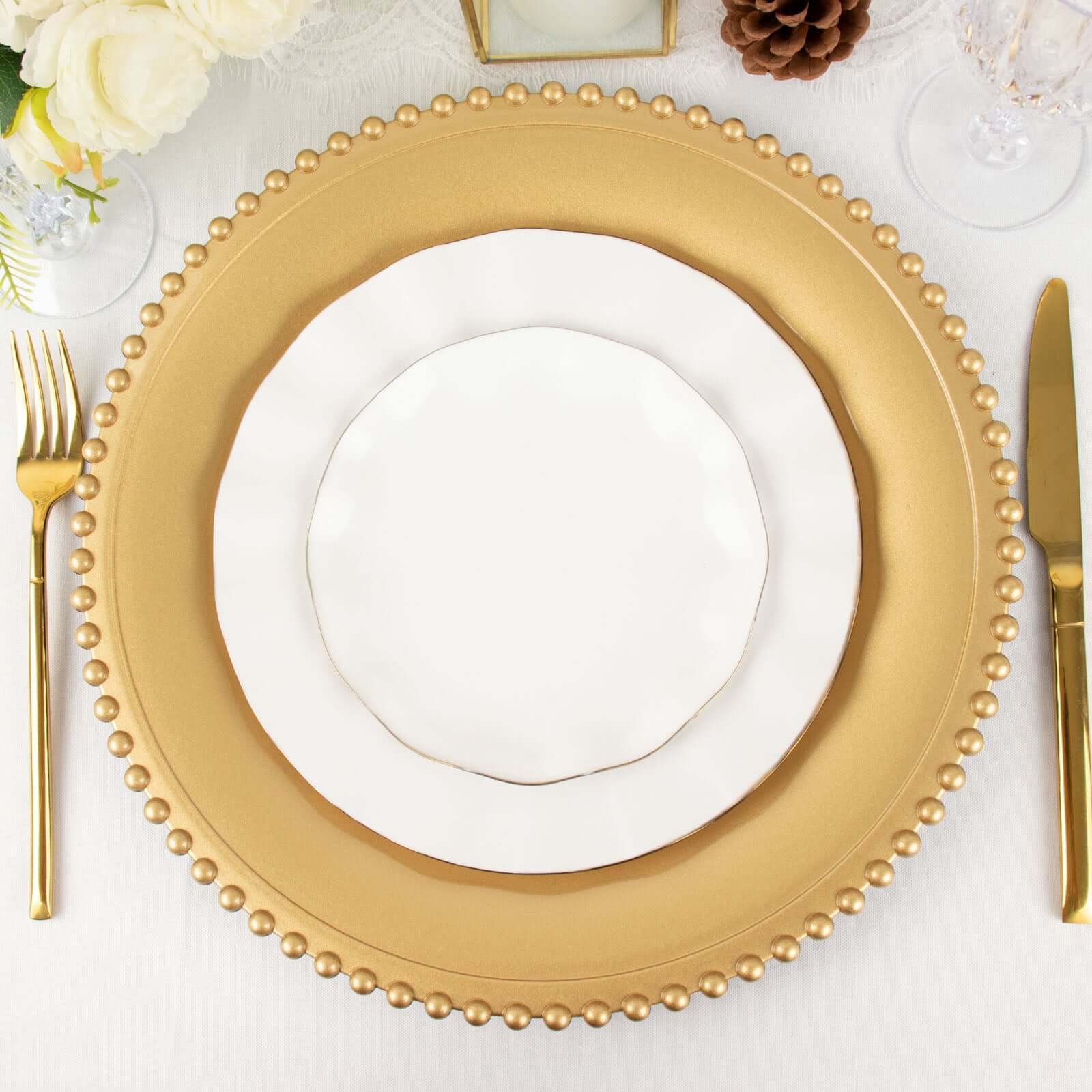 6-Pack Acrylic Round Charger Plates 13" in Gold with Beaded Rim, Decorative Dinner Party Charger Tableware