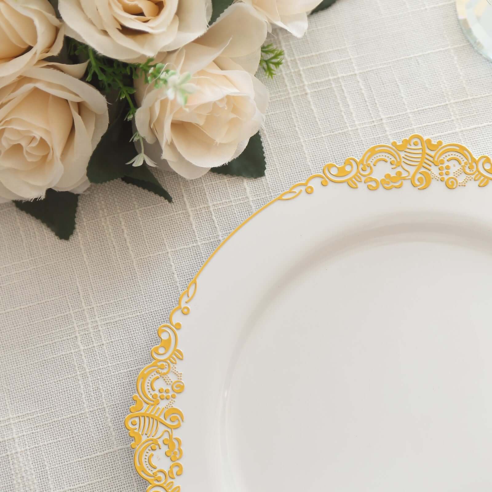 10-Pack Plastic 10" Round Dinner Plates in White with Gold Leaf Embossed Rim - Disposable Vintage Baroque Style Plates for Luxurious Gatherings & Events