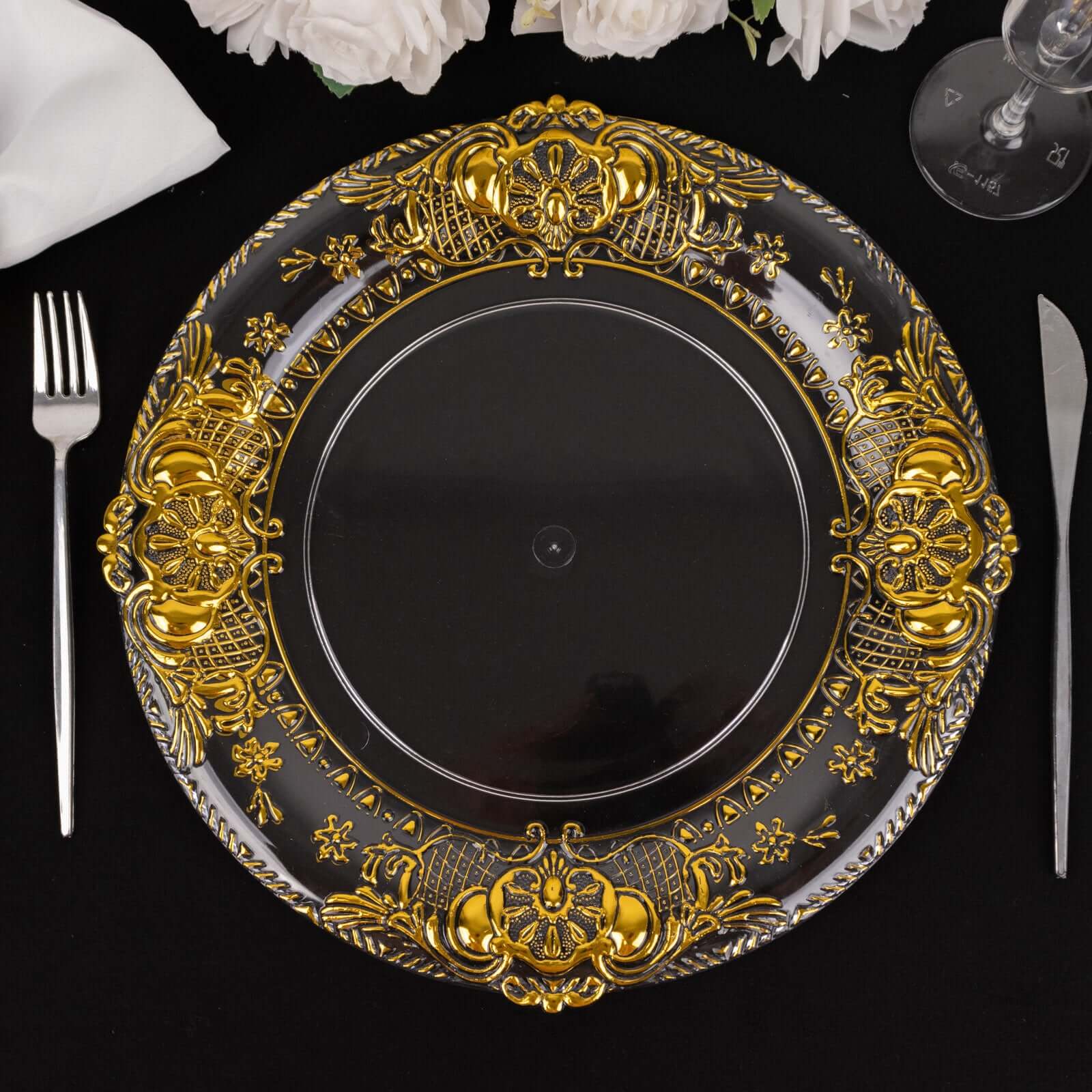6-Pack Plastic Round Charger Plates 13" in Clear with Gold Florentine Embossed Rim, Exquisite Dinner Serving Plates