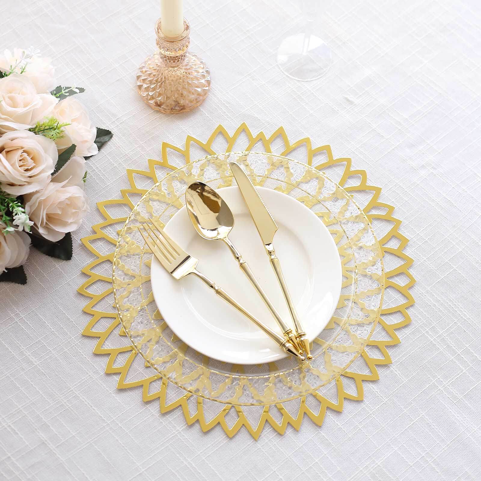 6-Pack Disposable Table Placemats in Metallic Gold with Laser Cut Hibiscus Flower Design - 400GSM Cardboard Placemats for Glamorous Table Decor 13"