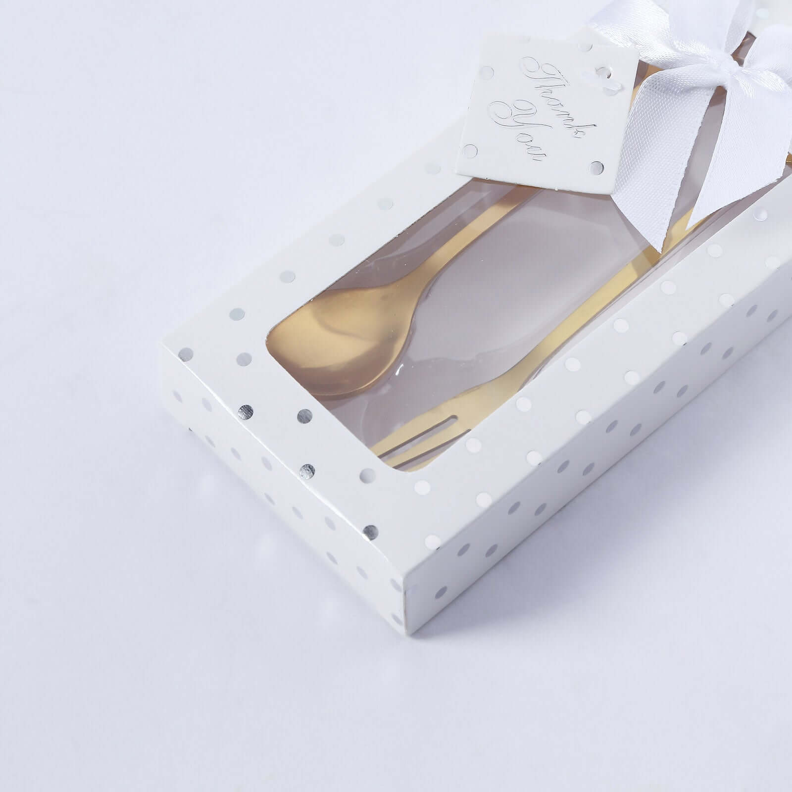 Gold Metal Spoon & Fork Pre-Packed Wedding Party Favors Set With Leaf Shaped Handle, Bridal Shower Souvenir Gift Box - 5"