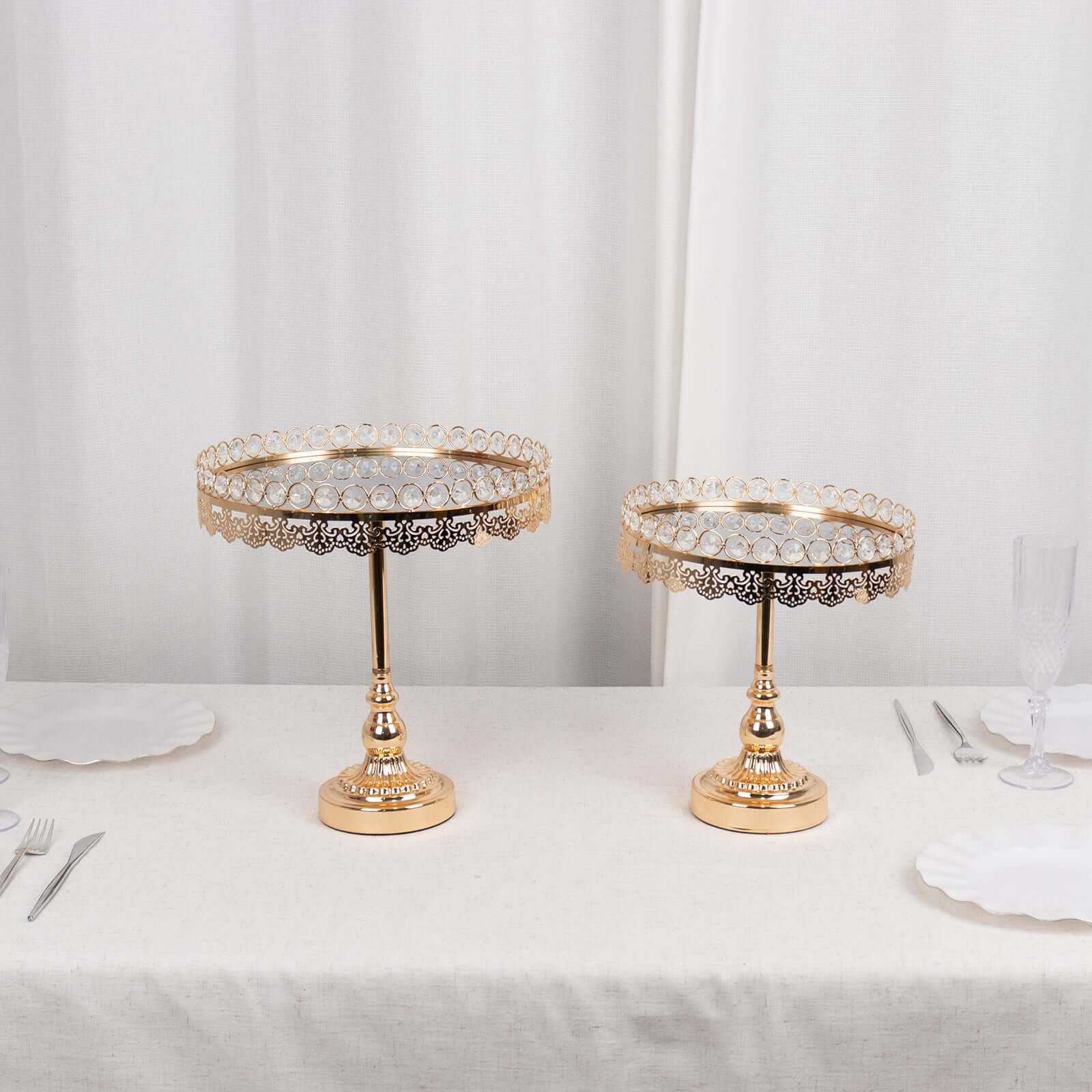 Set of 2 Pedestal Cake Stands Round Design with Mirror Top Gold - Crystal Beaded Cupcake Dessert Display Metal 11", 13"
