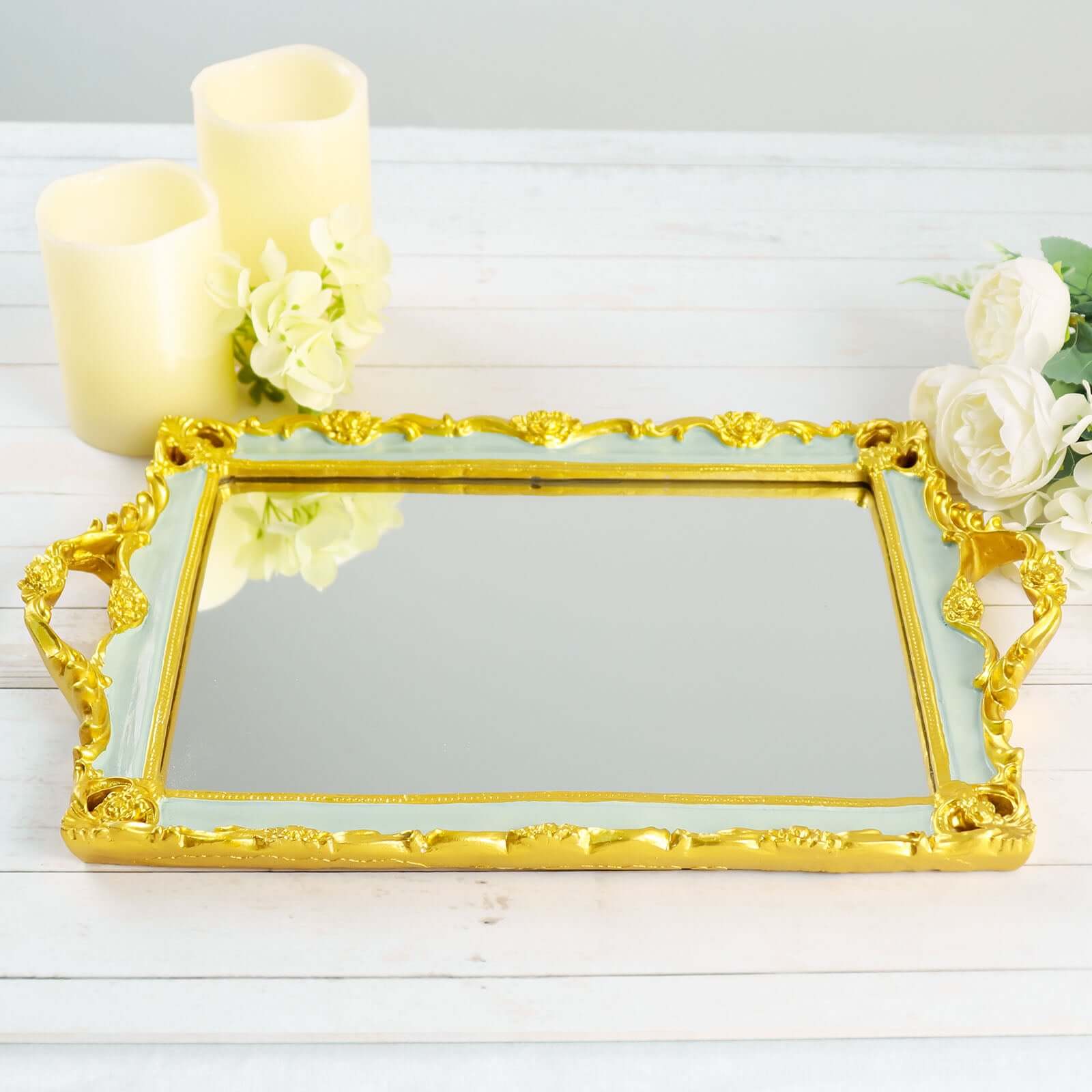 Resin Mirrored Rectangle Serving Tray 15"x10" in Mint Green with Gold Baroque Design, Stylish Decorative Vanity Tray Centerpiece
