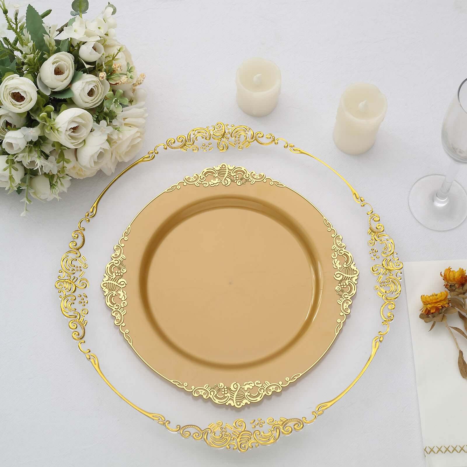 10-Pack Plastic 10" Round Dinner Plates in Gold with Leaf Embossed Rim - Disposable Vintage Baroque Style Plates for Luxurious Gatherings & Events
