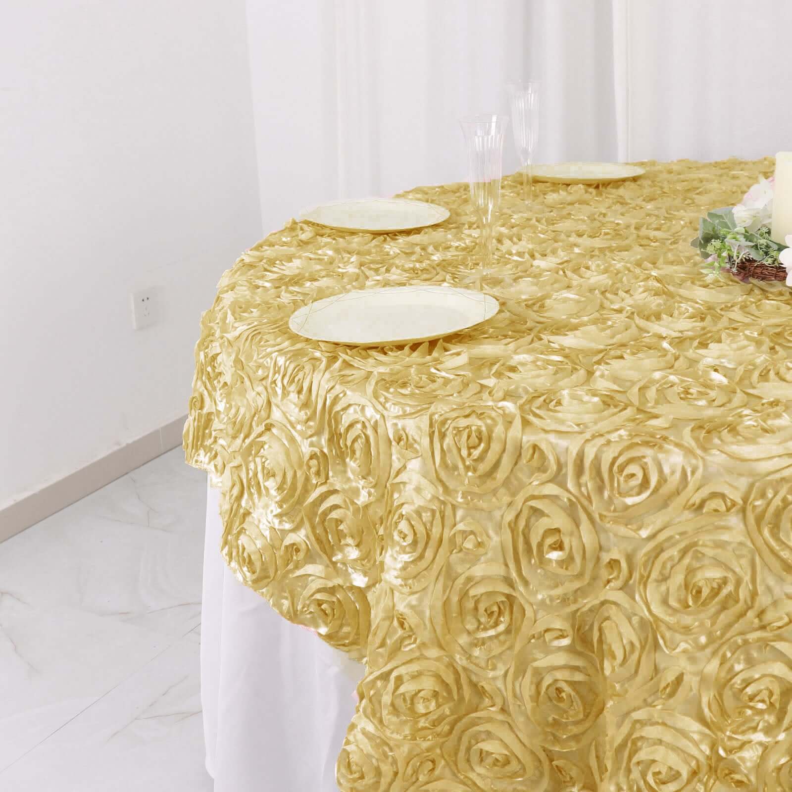 Satin 72"x72" Table Overlay Square Tablecloth Champagne - 3D Rosette Table Cover