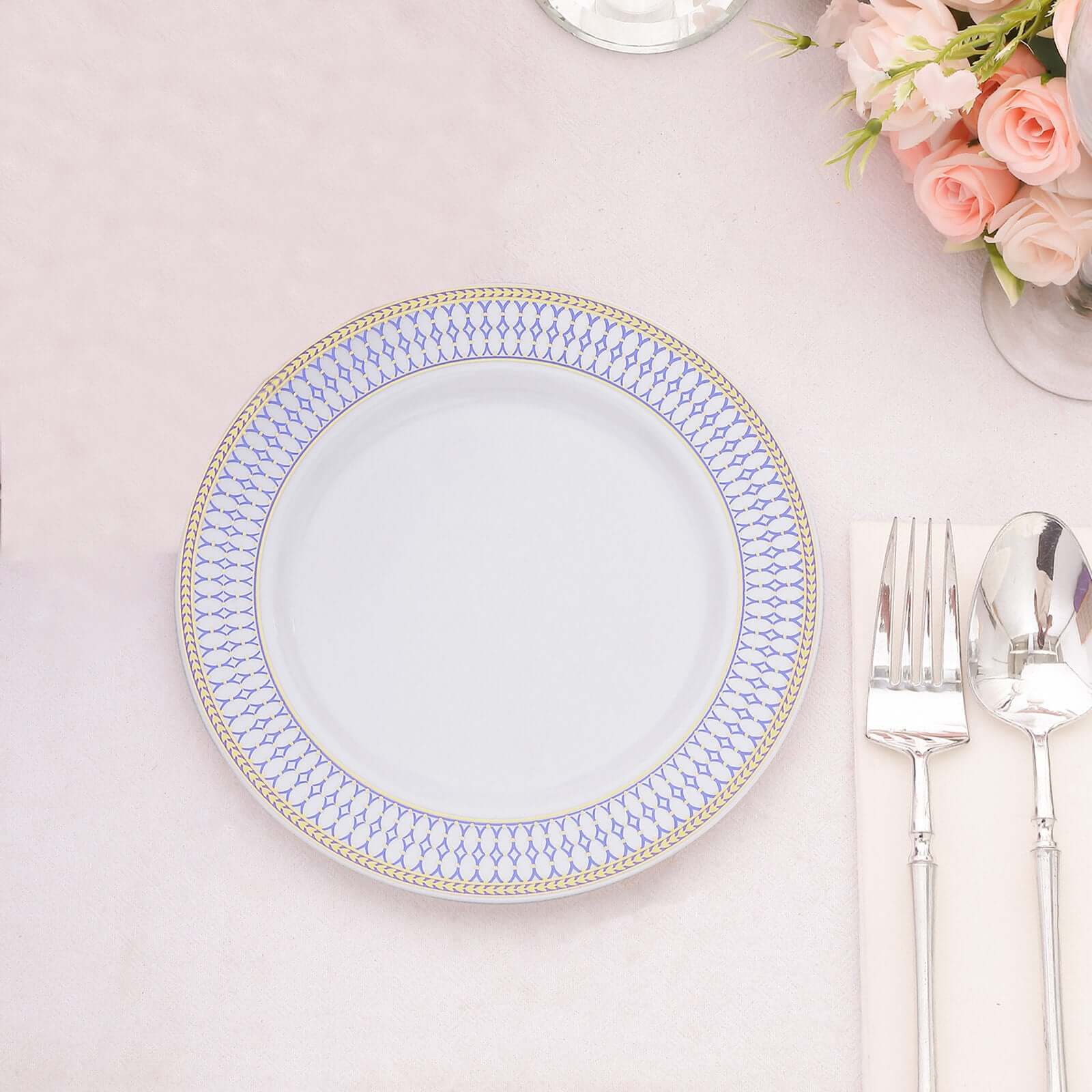 10-Pack Plastic 7" Round Dessert Plates in White with Gold Navy Blue Chord Rim - Renaissance Style Disposable Salad Appetizer Plates for Events & Banquets