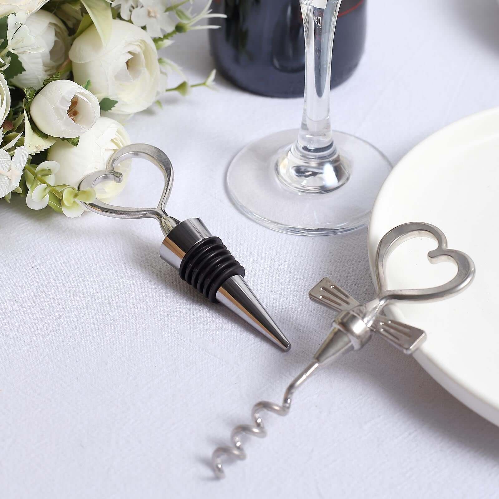 Silver Metal Heart Wine Bottle Opener Cork Stopper Party Favors Souvenir Gift Set, Wedding Favor in Velvet Box - 4.5",5"