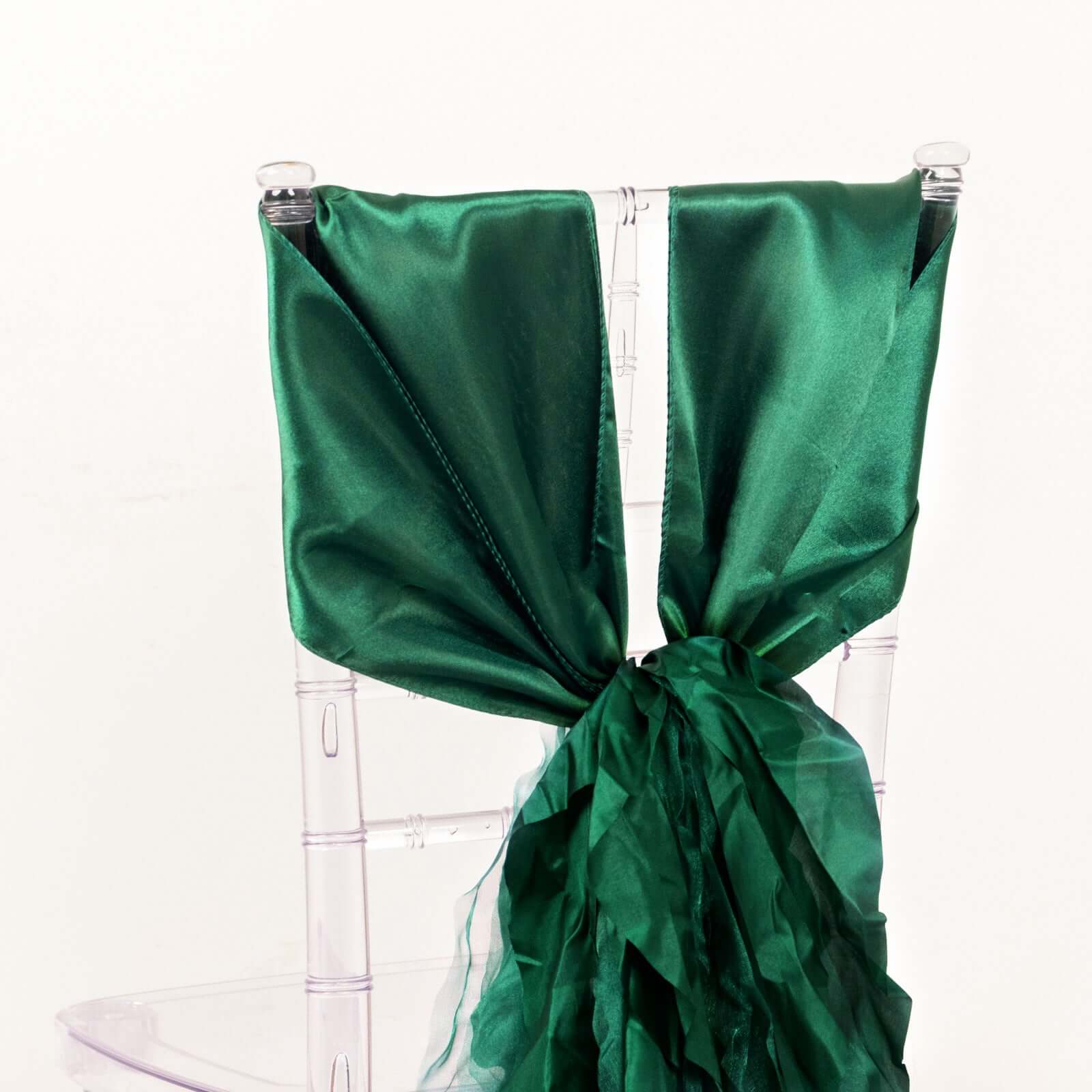 5 Pack Chiffon Satin Chair Sashes Hunter Emerald Green - Easy to Install Ruffled Curly Willow