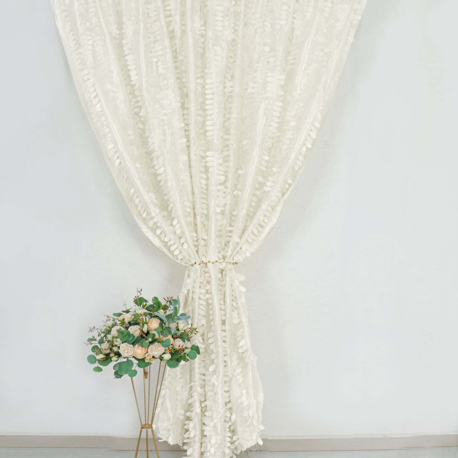8ftx8ft Ivory 3D Leaf Petal Taffeta Event Curtain Drapes, Backdrop Event Panel With Rod Pocket