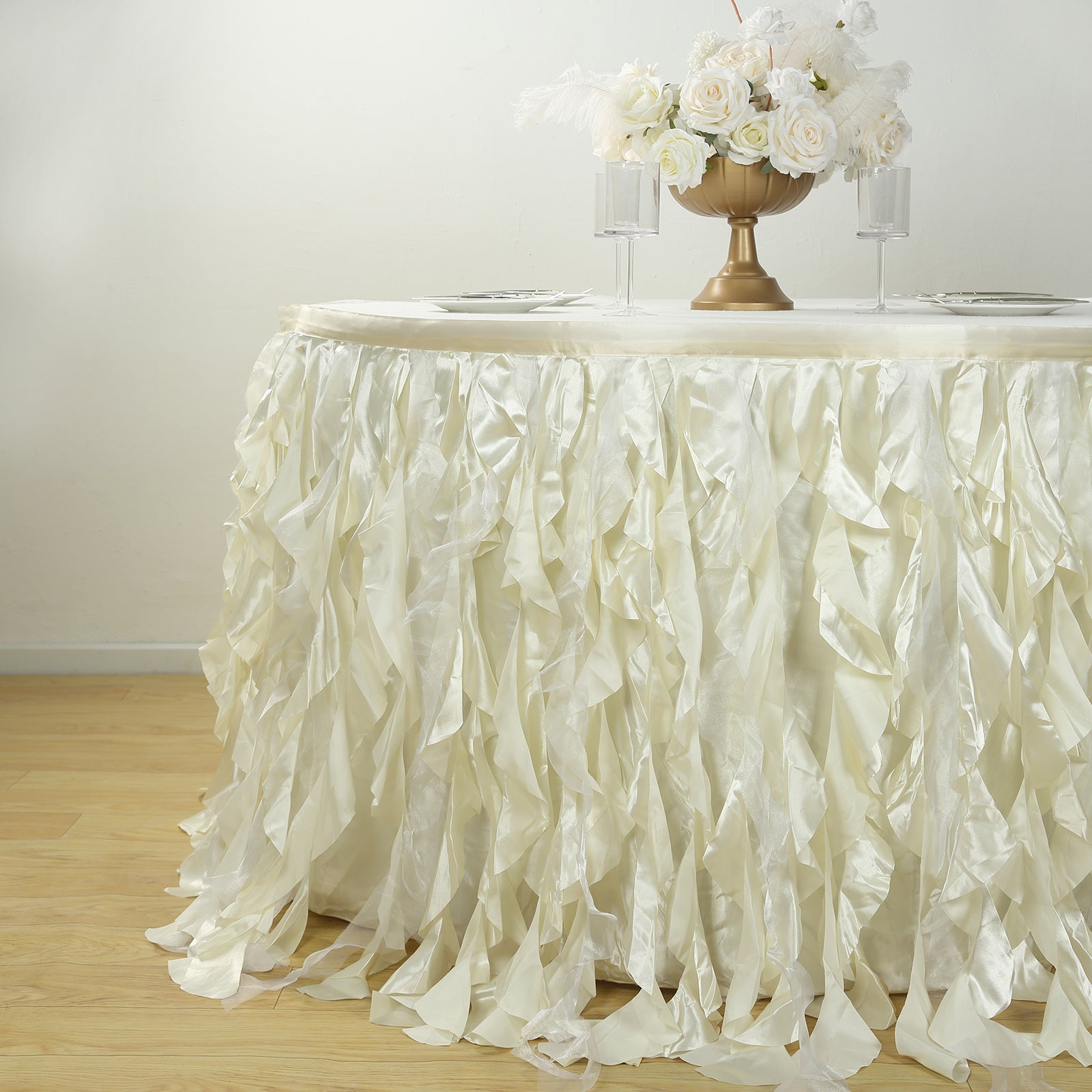 Taffeta 17ft Table Skirt Ivory - Cascading Curly Willow Style Table Cover