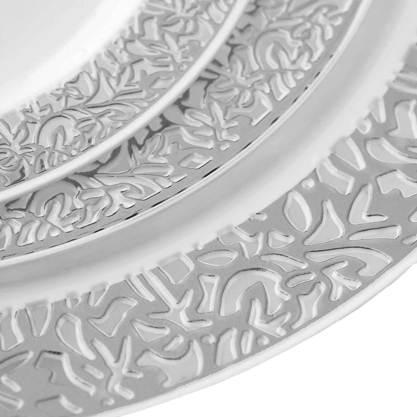 10-Pack Plastic Dinner Plates White with Fancy Silver Lace Rim - Stylish Disposable Plates for Events 10"
