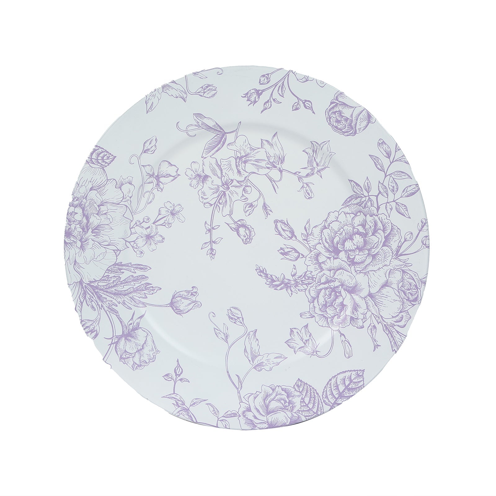 6 Pack Round Floral Acrylic Charger Plates in French Toile Pattern, 13" Matte Lavender and White Dinner Charger Event Tabletop Decor