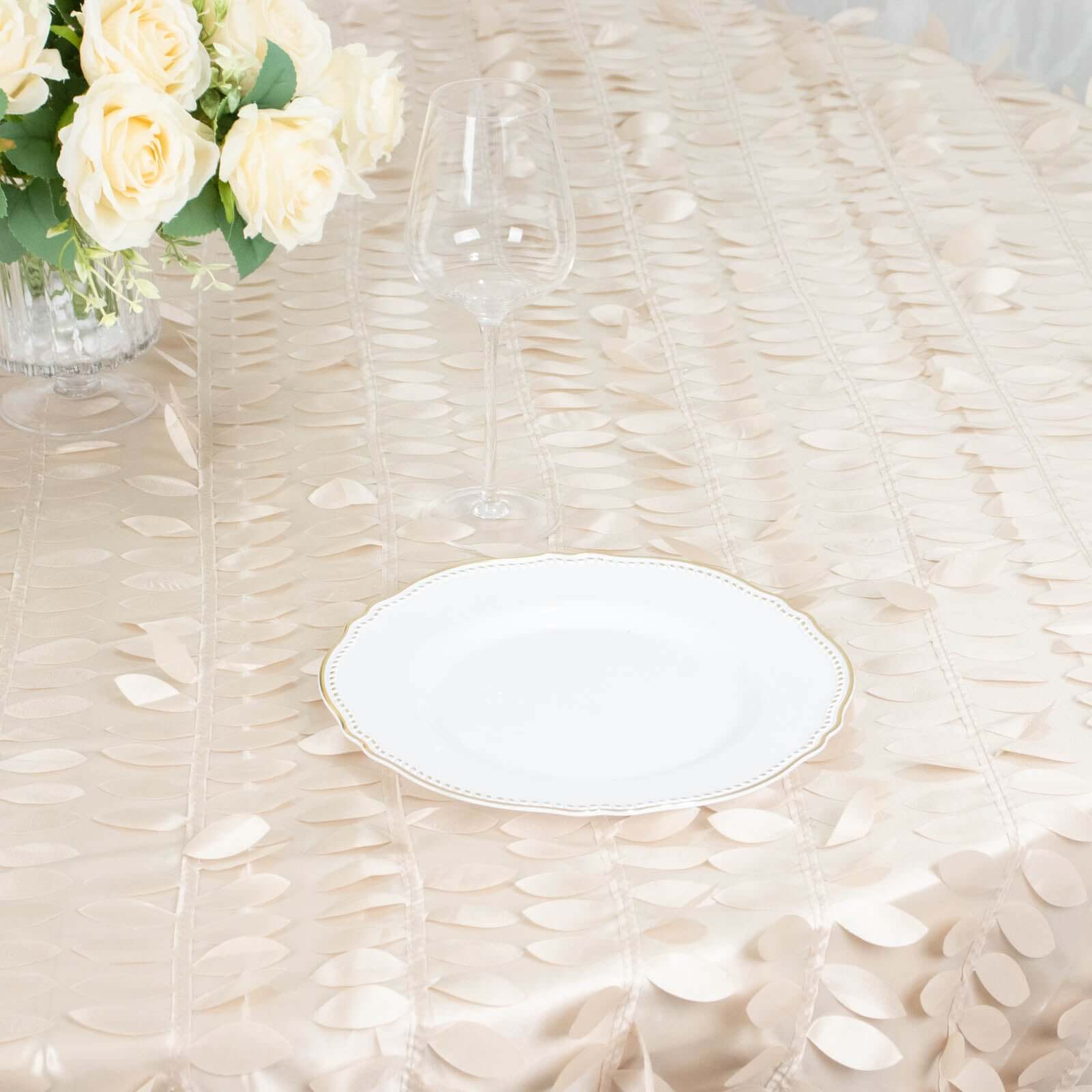Taffeta 132" Round Tablecloth Beige | 3D Leaf Petal Design Seamless Table Cover