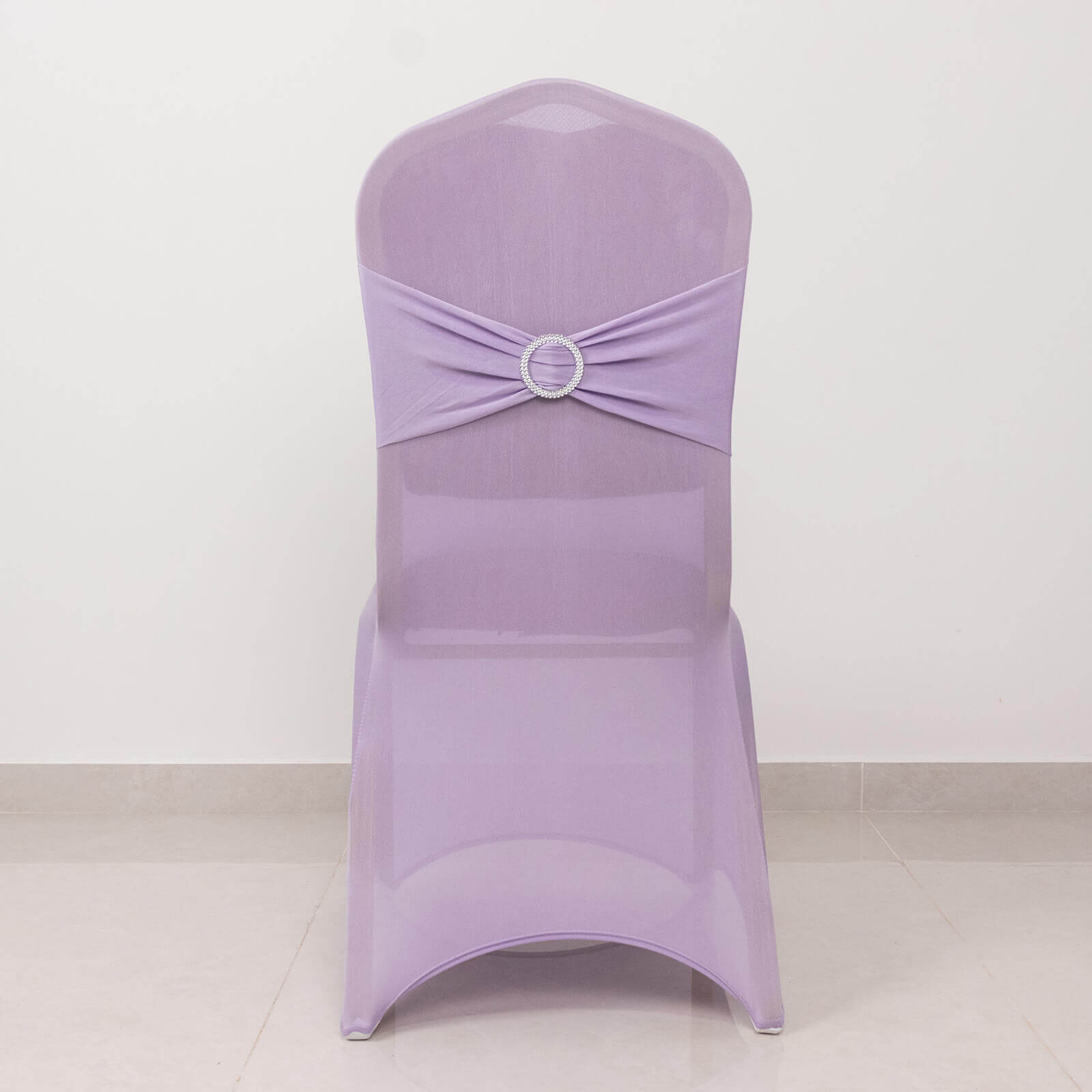 Spandex Chair Cover with Silver Rhinestone Buckled Sash Band Lavender Lilac - Stretch Fitted Slipcover