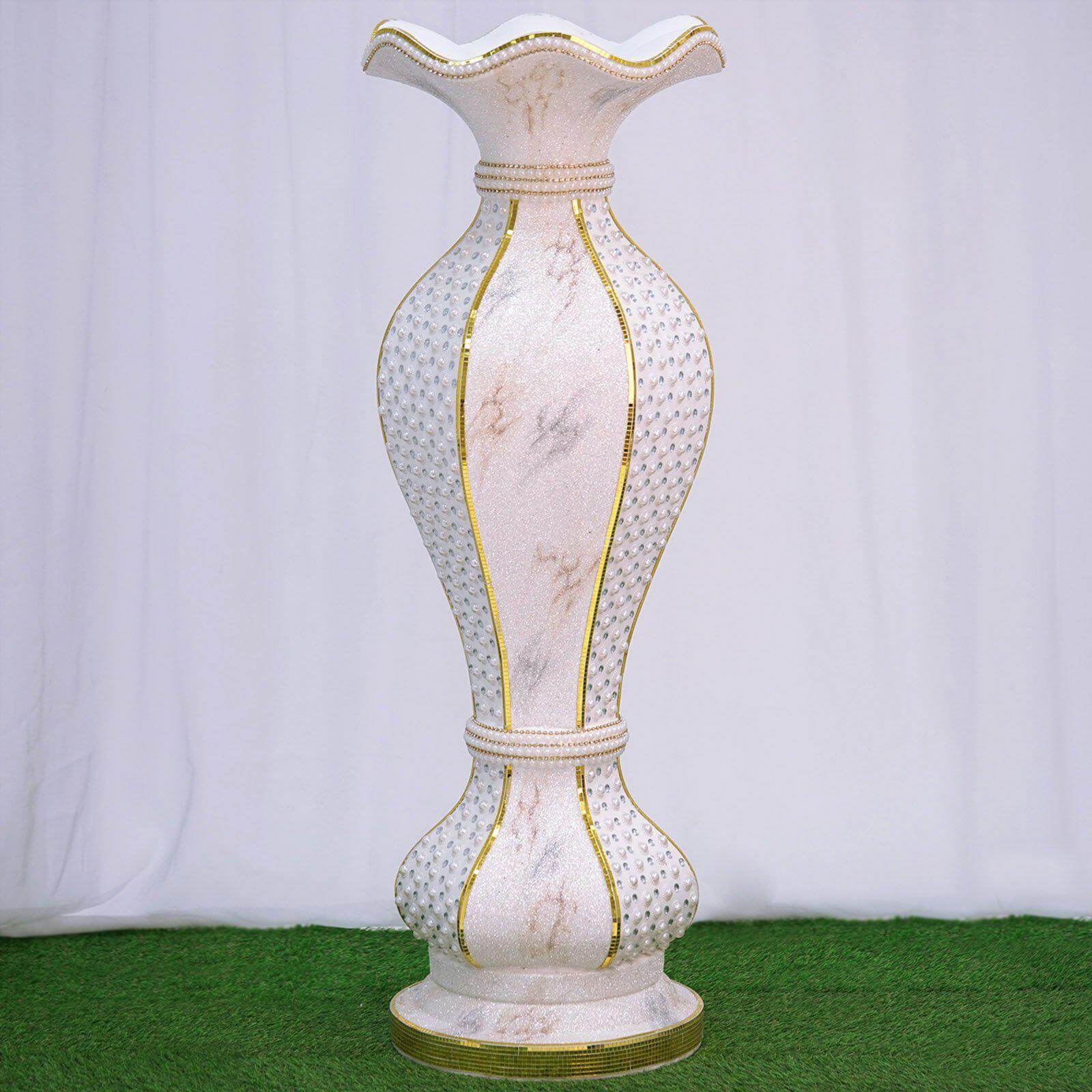 40" Shimmering Gold Glittered Marble Design Flower Pot Vase With Pearls and Mirror Mosaic Embellishment
