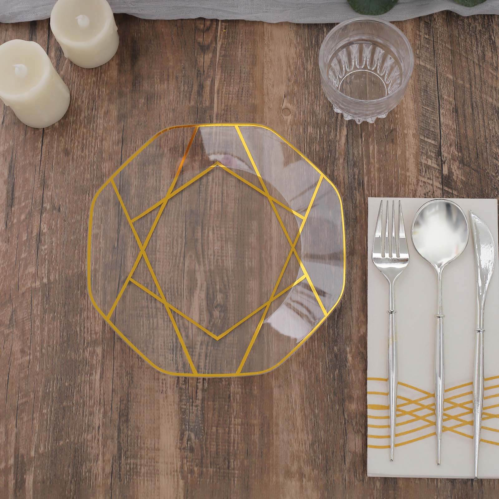 10-Pack Plastic 8" Octagon Dessert Plates in Clear - Modern Disposable Salad/Appetizer Plates with Gold Geometric Design for Special Occasions & Celebrations
