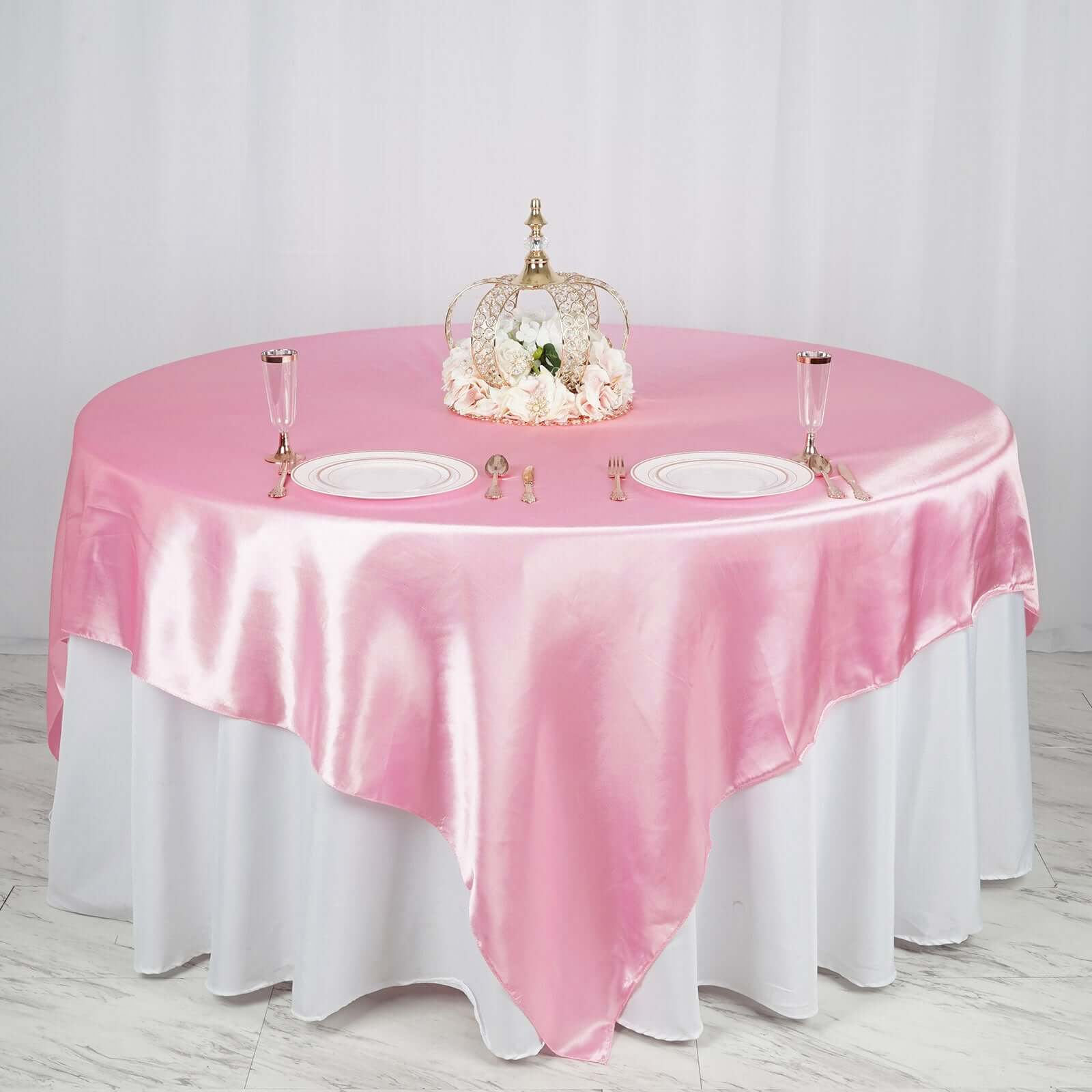 Satin 90"x90" Table Overlay Square Tablecloth Pink - Smooth Finish Table Topper