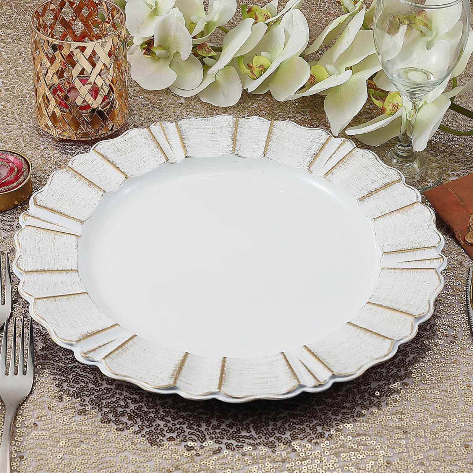 6-Pack Acrylic Plastic Round Charger Plates 13" in White with Gold Brushed Wavy Scalloped Rim, Decorative Dinner Party Charger Tableware