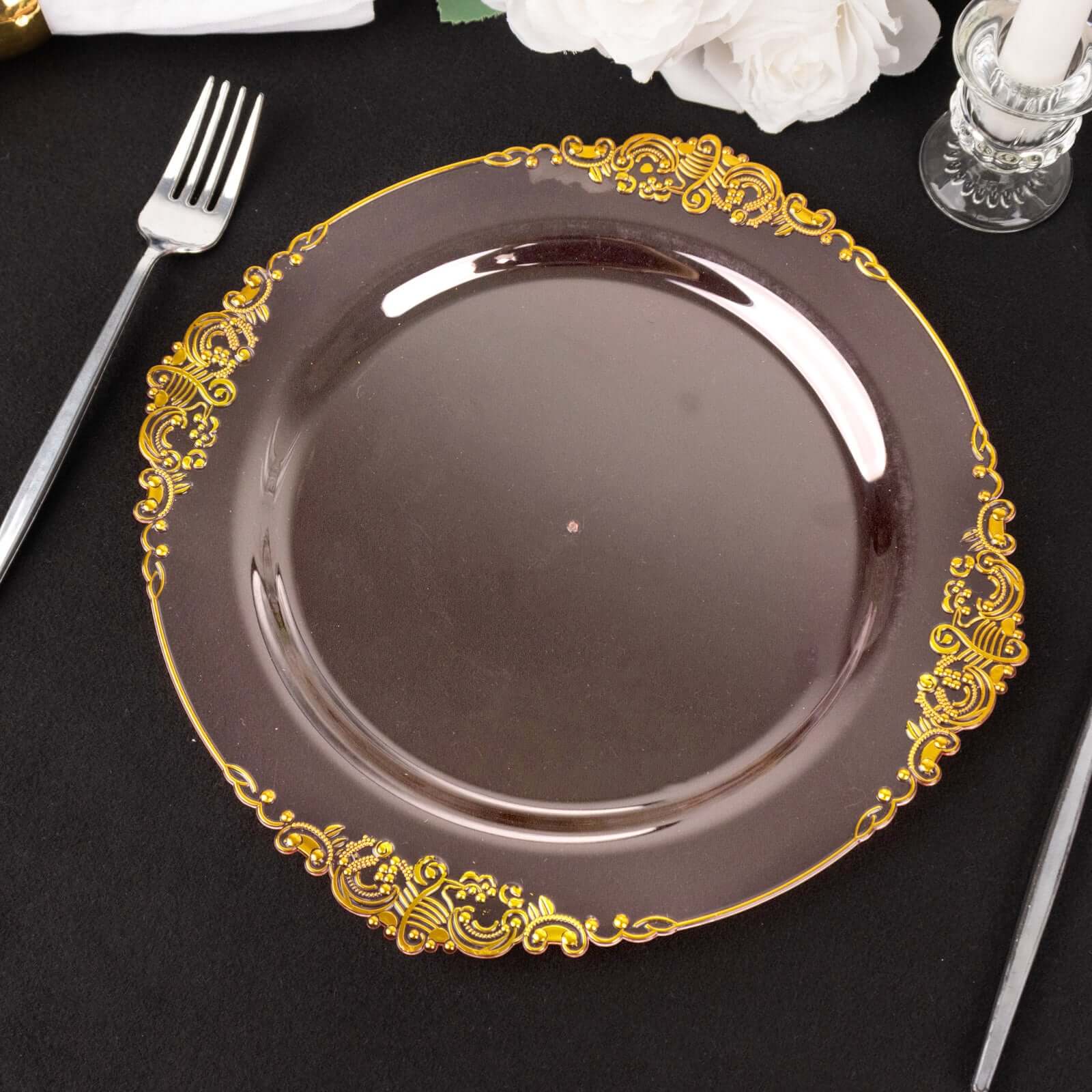 10-Pack Plastic 10" Round Dinner Plates in Transparent Blush with Gold Leaf Embossed Rim - Disposable Vintage Baroque Style Plates