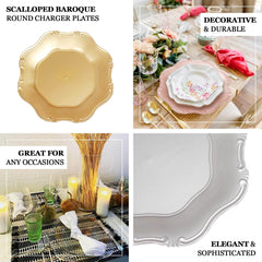 6-Pack Acrylic Plastic Hexagon Charger Plates 13" in Clear with Gold Baroque Scalloped Rim, Exquisite Dinner Serving Plates