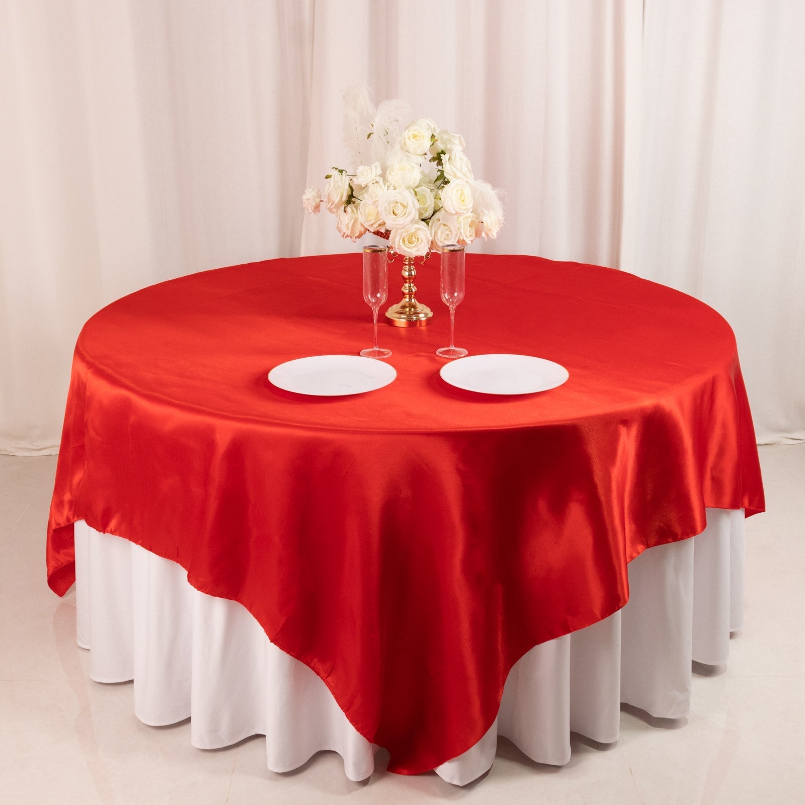 Satin 90"x90" Table Overlay Square Tablecloth Red - Smooth Finish Table Topper