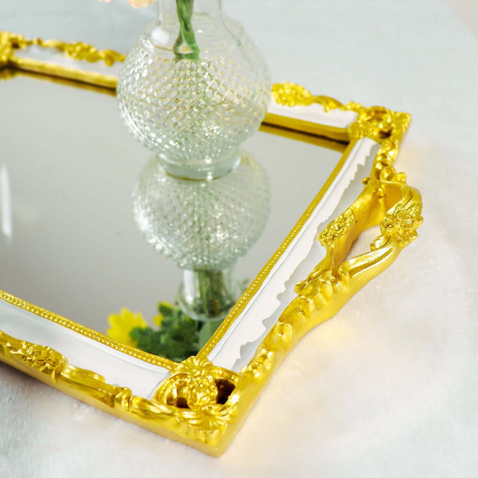 Resin Mirrored Rectangle Serving Tray 15"x10" in White with Gold Baroque Design, Stylish Decorative Vanity Tray Centerpiece