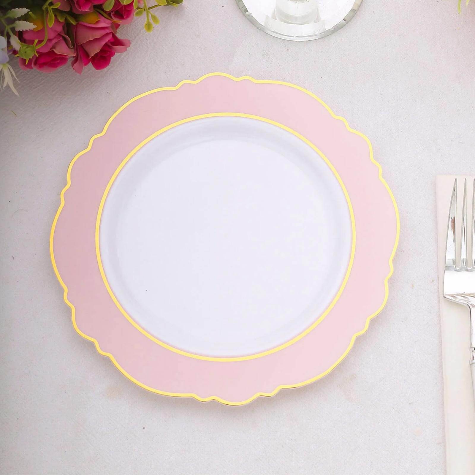 10-Pack Plastic 8" Round Dessert Plates in White with Blush Blossom Design & Gold Edging - Disposable Salad Appetizer Plates