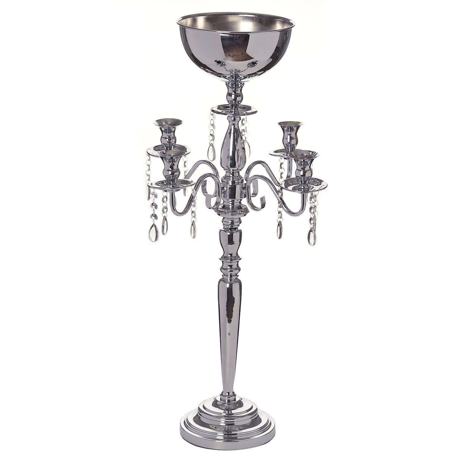 Metal Candelabra 4 Arm Design Silver with Flower Vase Bowl - Table Centerpiece for Weddings 33"