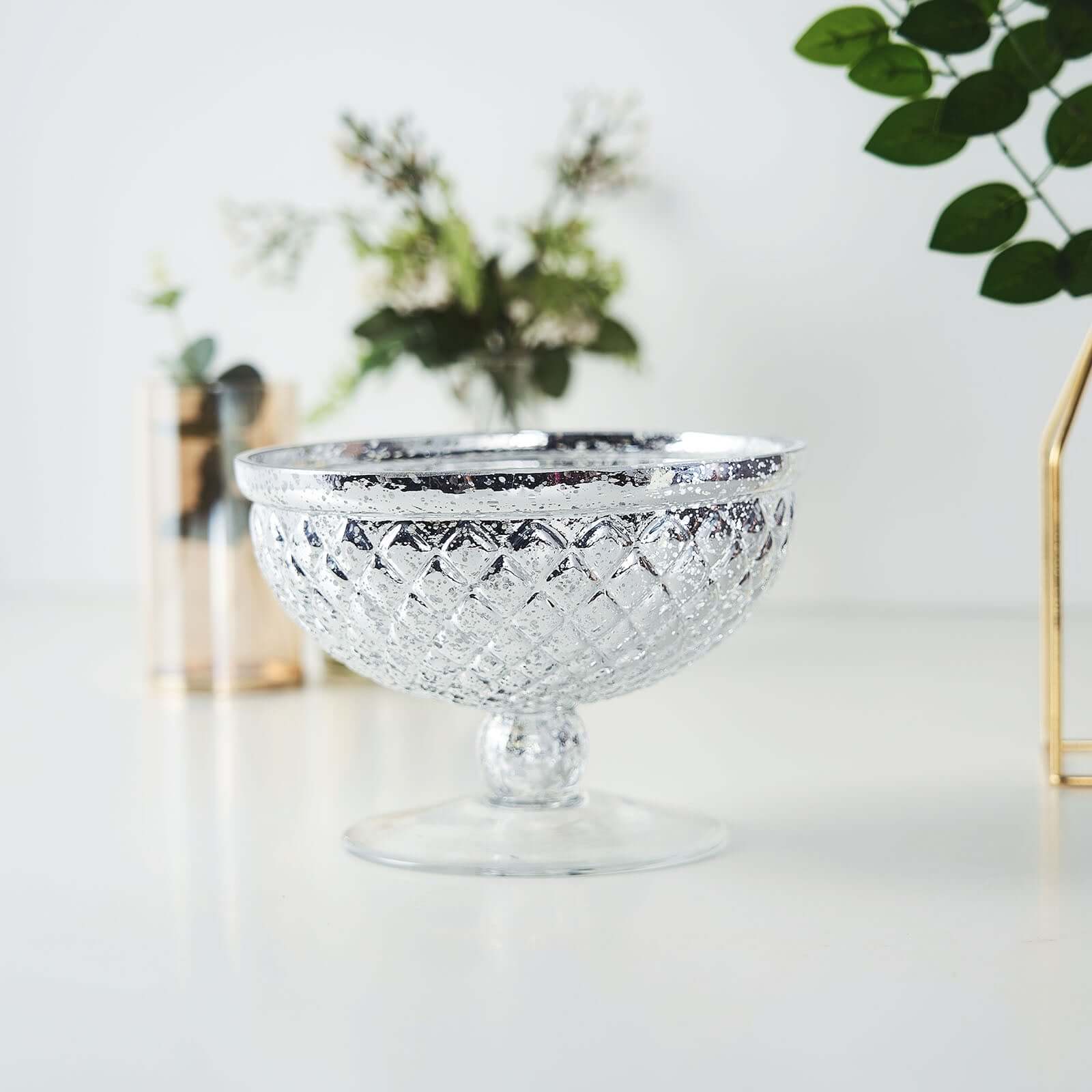 Mercury Glass Pedestal Bowl Vase Compote Style Silver - Sophisticated Floral Table Decor for Events 8"