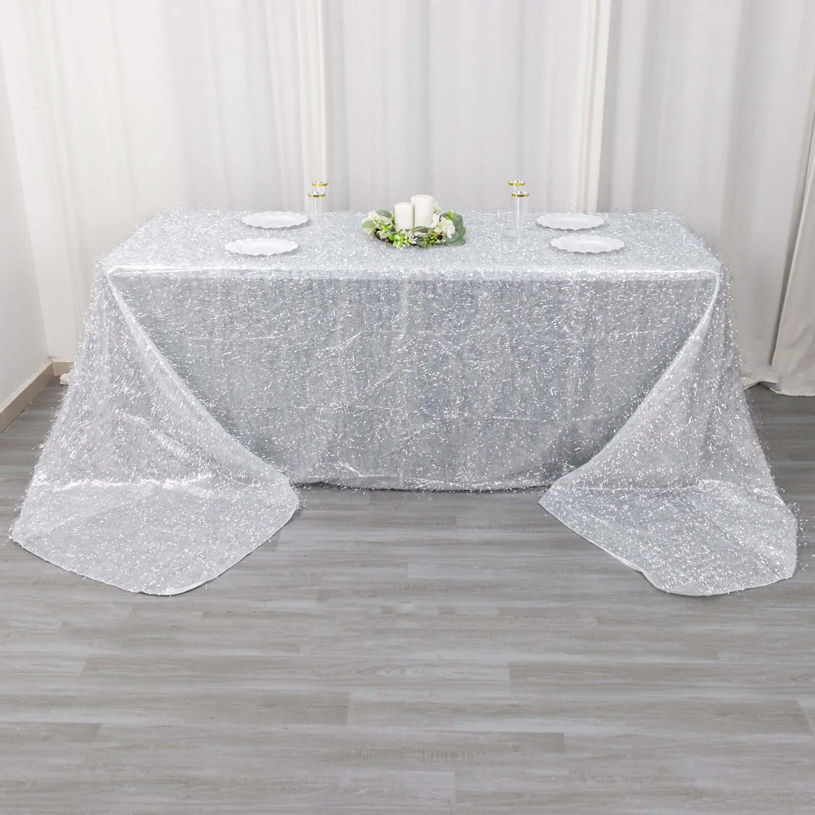 Polyester 90"x156" Rectangle Tablecloth Silver Metallic Fringe Shag Tinsel Table Cover