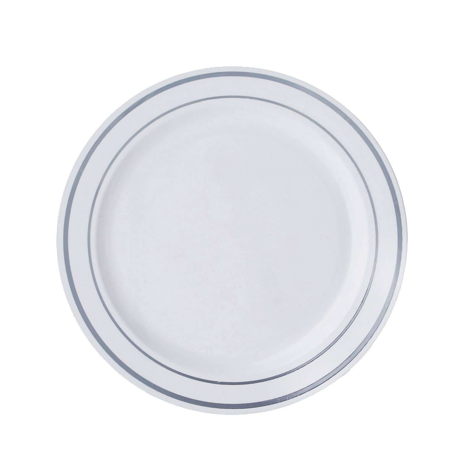 10-Pack Plastic Dessert Plates White with Très Chic Silver Rim - Disposable Plates for Appetizers 6"