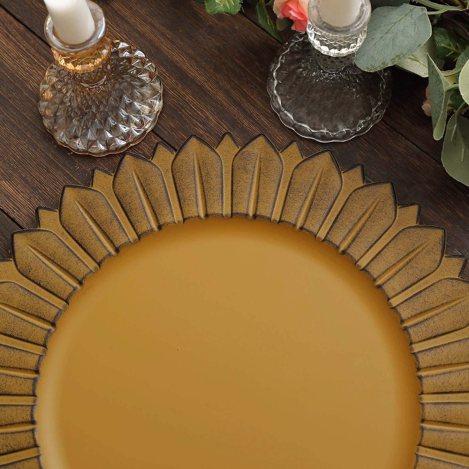 6-Pack Plastic Round Charger Plates 13" in Mustard Yellow with Sunflower Rim, Matte Finish Disposable Dinner Charger Tableware
