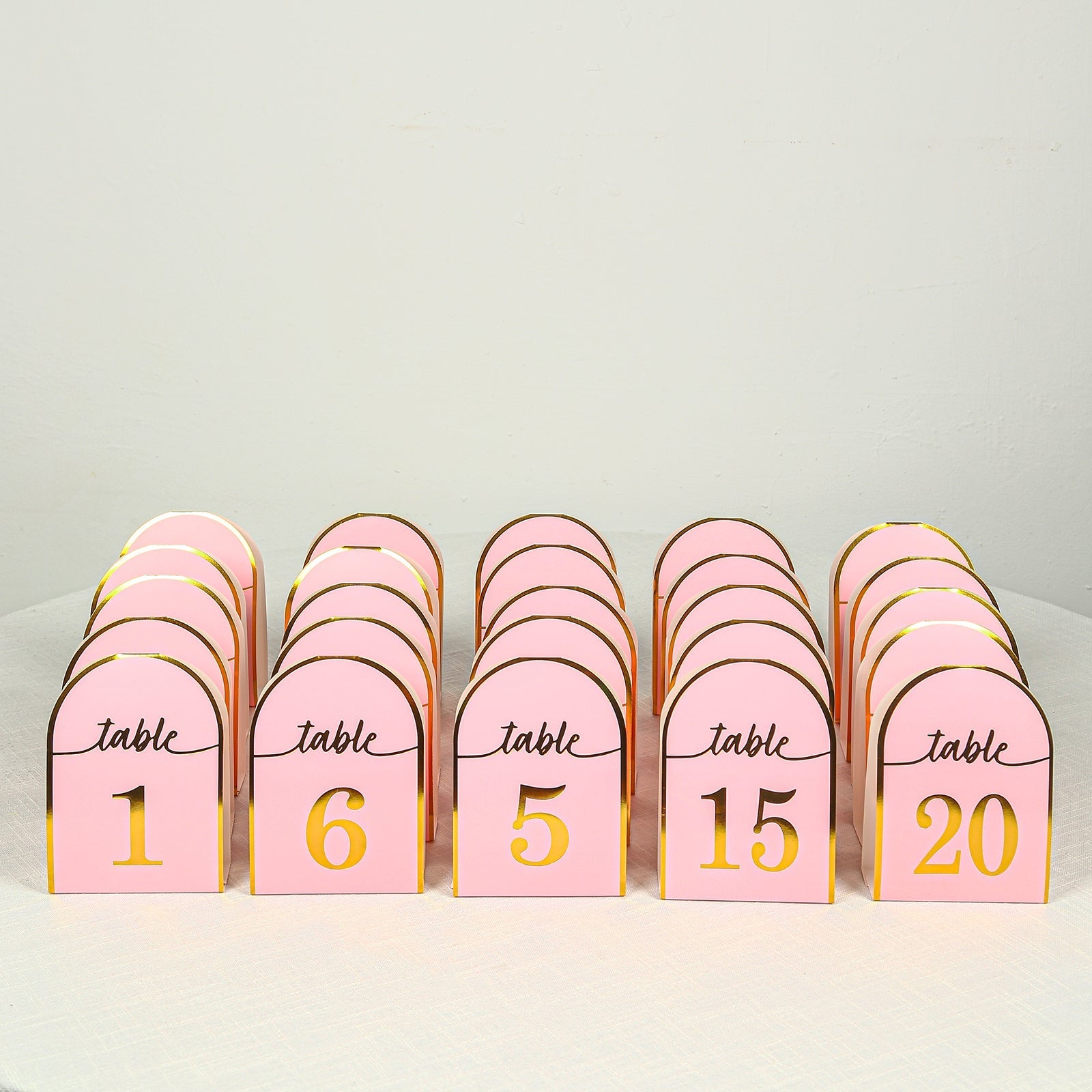 25-Pack 7" Disposable Table Numbers, Blush Free Standing Double Sided Table Number Place Cards with Metallic Gold Foil Numbers 1-25