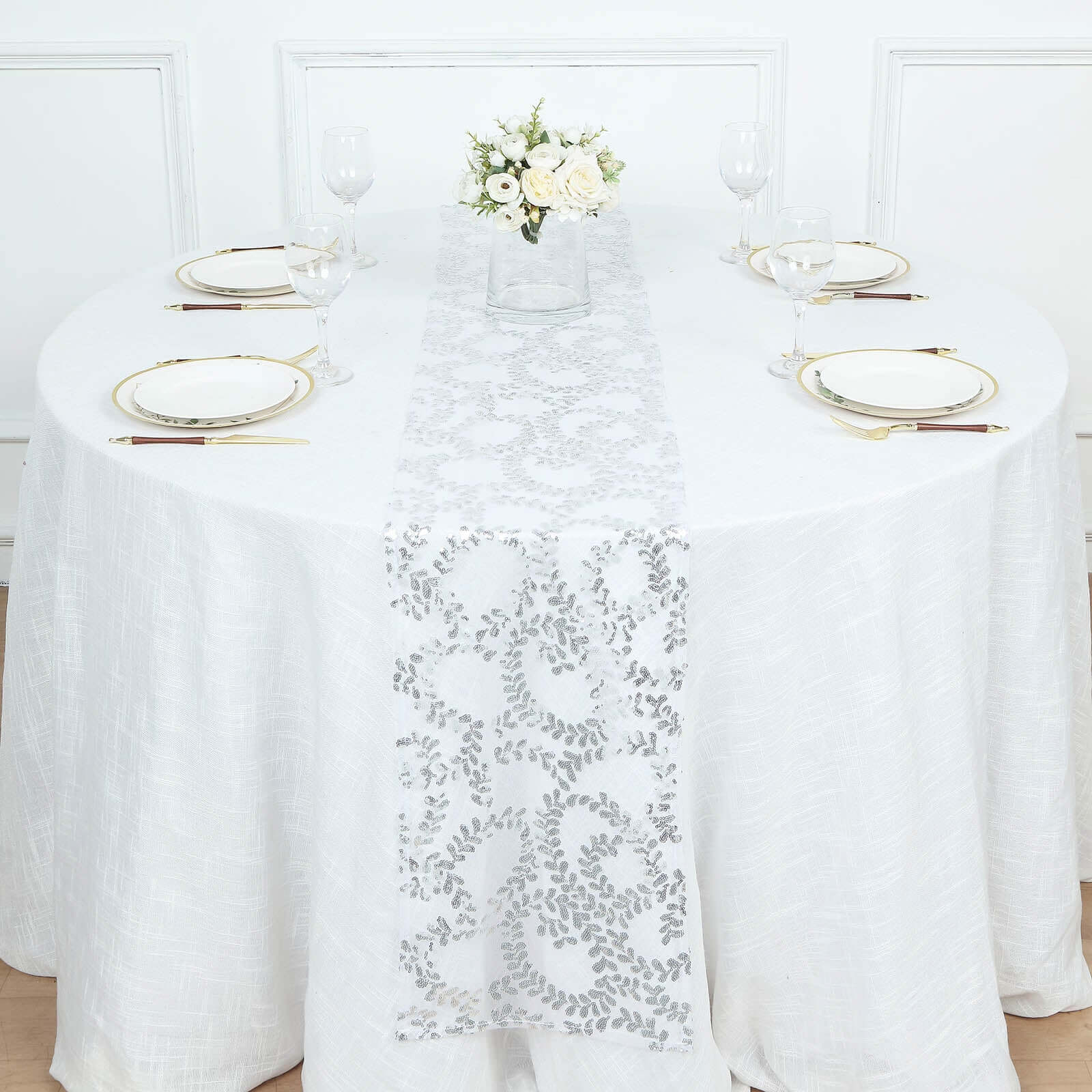 Mesh 12"x108" Table Runner Silver - Leaf Vine Embroidery