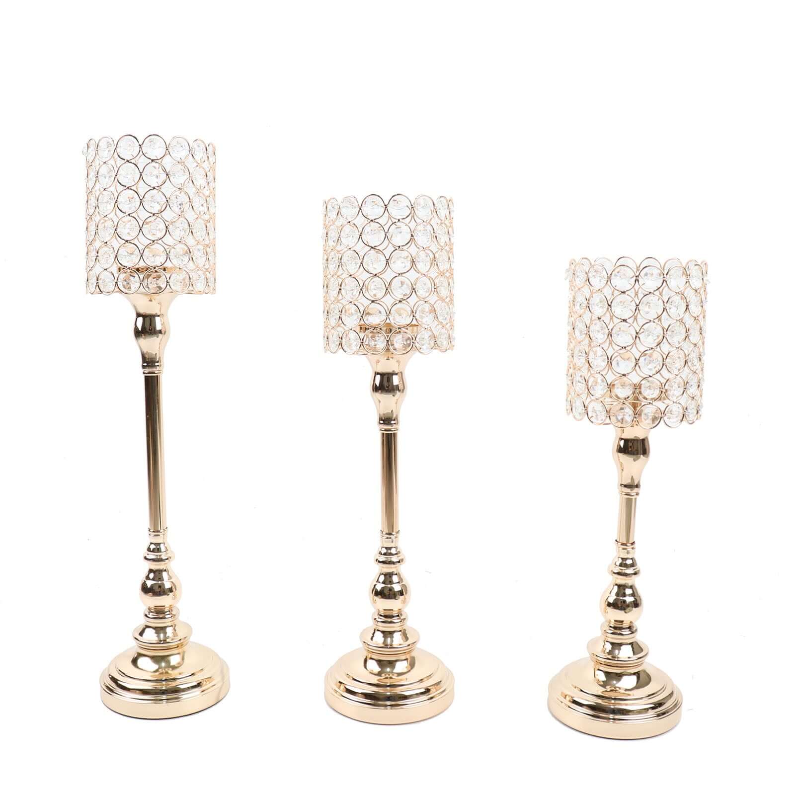 Set of 3 Crystal Beaded Goblet Votive Candle Holder Stands Gold - Tea Light Centerpiece 18", 16", 14"