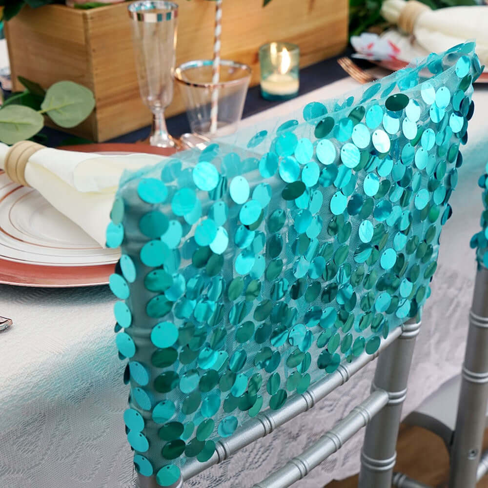 5 Pack Big Payette Sequin 13"x10" Chair Sash Bands Turquoise - Stylish Glittering Decor for Weddings & Gatherings