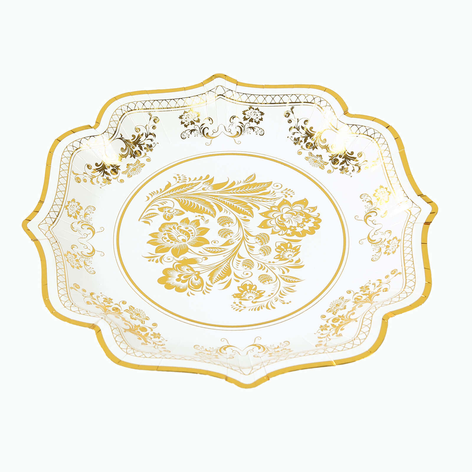 25-Pack Paper Dinner Plates in White Gold Damask Floral Print & Scallop Rim - Stylish Disposable 300GSM Floral Party Plates 10"