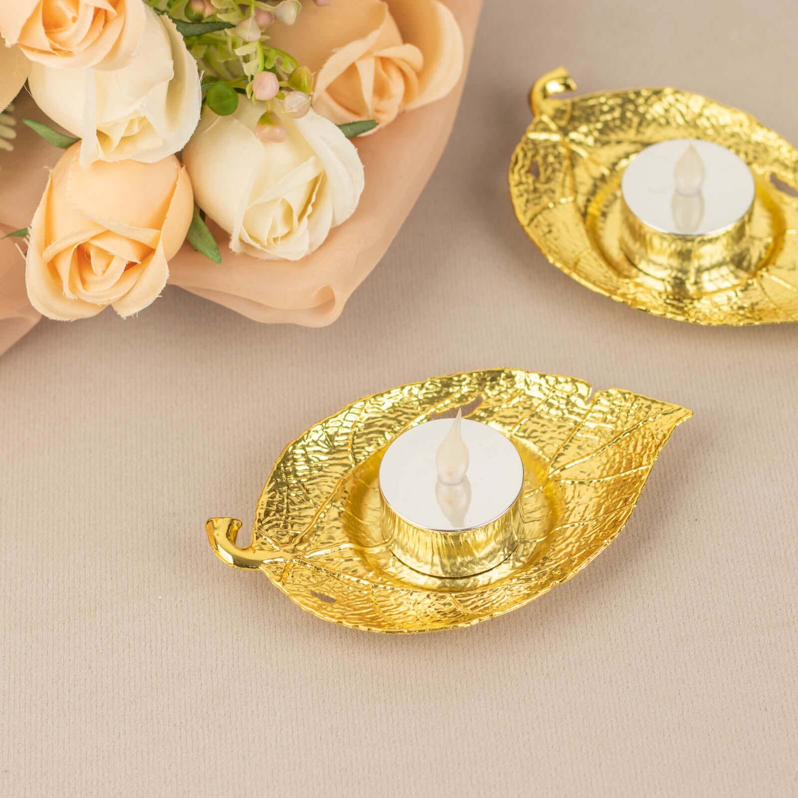 3-Pack Metal Votive Candle Holders Maple Leaf Design Shiny Gold - Vintage Mini Tea Cup Saucers 5"